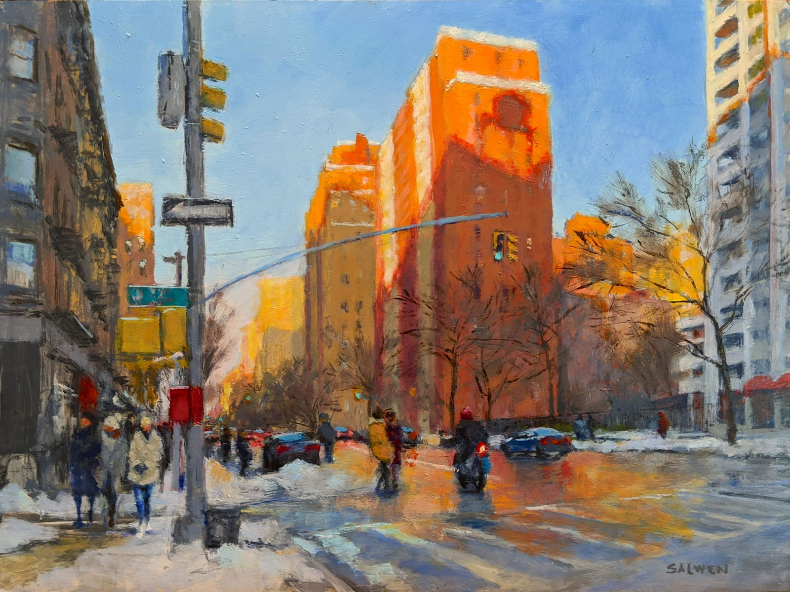 Salmagundi: Peter Salwen: This Salmagundi work of art is titled, "Rising Shadows". A play of light and shadow on a late winter afternoon in the city. Oil. Image Size: 12" x 16" Framed Size: 18" x 12" Peter Salwen is a lifelong