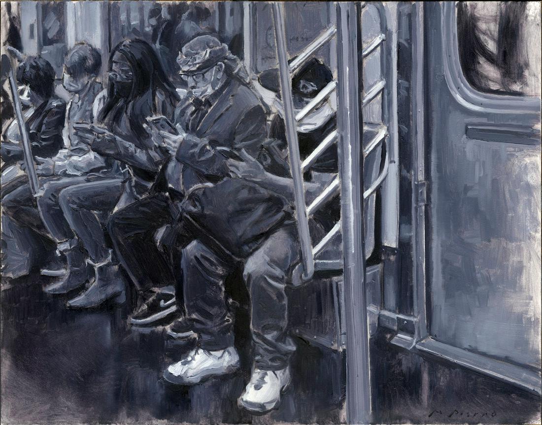 Salmagundi: Marcus Pierno: This Salmagundi work of art is titled, "Southbound 6". In a crowded NYC subway car, masked passengers are each enveloped in their own mental spaces. Oil on Panel. Image Size: 11" x 14" Framed Size: 15