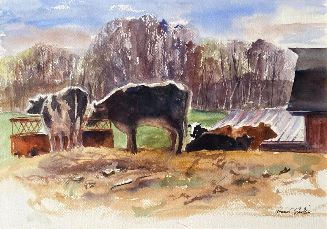 Salmagundi: Amanda Epstein: This Salmagundi work of art is titled, "Shunpike Dairy Farm, Millbrook". The peacefulness of cows as depicted by the artist. Watercolor. Image Size: 9.5" x 14" Framed Size: 15.5" x 19" Amanda has exhi