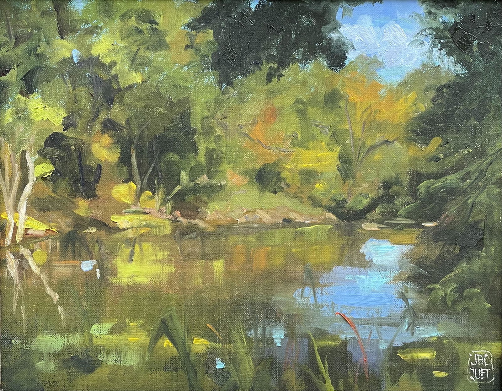 Salmagundi: Jean-Pierre Jacquet: This Salmagundi work of art is titled, "Pond Life". Luscious summer foliage in Connecticut. Oil on Board. Image Size: 11" x 14" Framed Size: 14" x 17" Jean Pierre Jacquet is a French-American painter