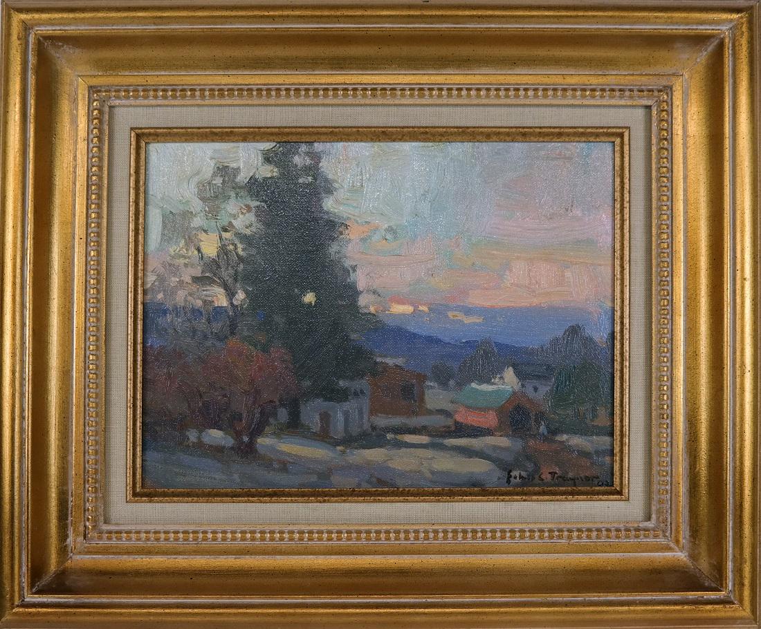 Salmagundi: John Traynor: This Salmagundi work of art is titled, "Afterglow". 100% of proceeds from the sale of this piece benefits Salmagundi. An evening landscape over an idyllic mountain town is the subject of this oil piec