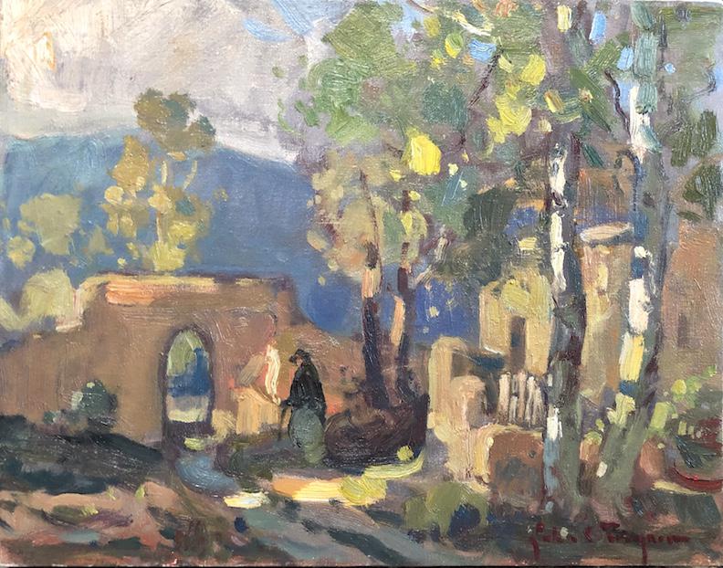 Salmagundi: John Traynor: This Salmagundi work of art is titled, "Kit Carson road, Taos". This cozy oil landscape depicts a hacienda in Taos, New Mexico Oil. 11" x 14" x 2" 14" x 17" x 2" John Traynor is a classically trained 