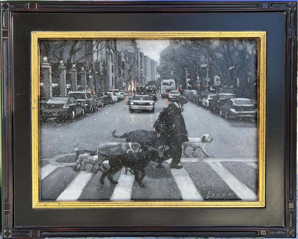 Salmagundi: Jacqueline Jones: This Salmagundi work of art is titled, "Christmas list". In this oil painting, a dog walker ponders her Christmas list while traversing a snowy Upper East Side. Oil. 9" x 12" x 0.25" 13" x 15.5" x 1" 