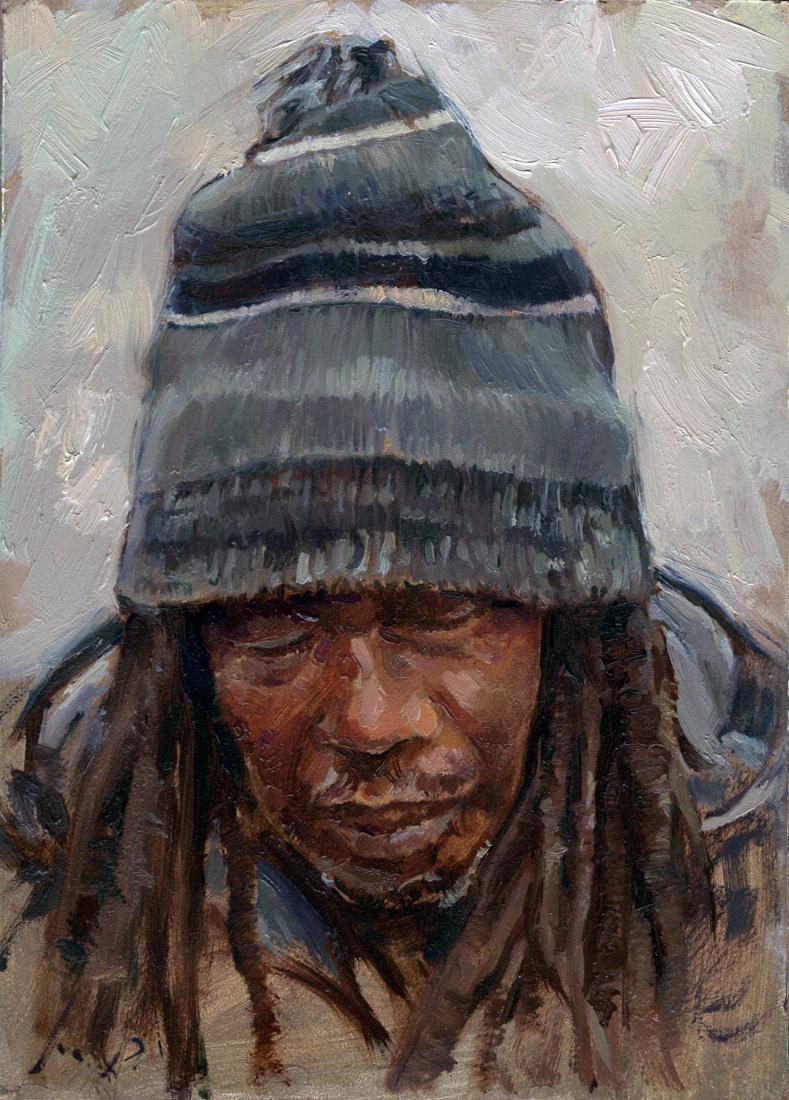 Salmagundi: Marcus Pierno: This Salmagundi work of art is titled, "Dwell time ". An oil portrait of a passenger deep in thought aboard a stalled subway train. Oil on panel. 7" x 5" x 0.125" 8" x 6" x 0.25" Marcus Pierno is an a