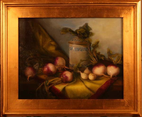"Turnips and White Onions," Mireille Duchesne: Fresh, beautiful purple turnips with leaves. Oil. Framed: 19.5 x 23.5 inches, 49.53 x 59.69 cm; Image: 14 x 17 inches, 35.56 x 43.18 cm.