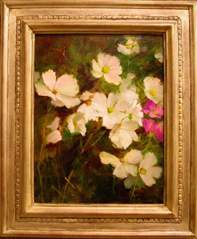 "Summer Cosmos," Kathy Anderson: White cosmos dancing in a summer breeze. Winner of the Thomas Moran SCNY Award. Oil. Framed: 17.75 x 14.75 inches, 45.085 x 37.465 cm; Image: 12 x 10 inches, 30.48 x 25.4 cm.