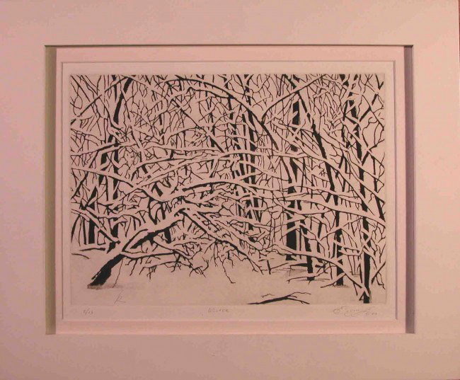 "Winter," Ekaterina Smirnova: Lyrical etching of winter's grace. Etching. Framed: 14.5 x 17.5 inches, 36.83 x 44.45 cm; Image: 9.5 x 12.5 inches, 24.13 x 31.75 cm.