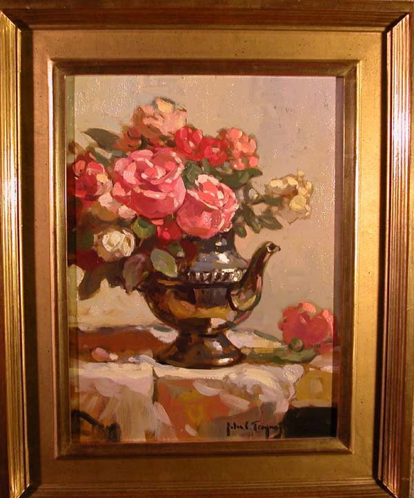 "Roses in Silver," John Traynor: Roses from our garden in a silver coffee server that belonged to my grandmother. Oil. Framed: 21.5 x 17.5 inches, 54.61 x 44.45 cm; Image: 15.5 x 11.5 inches, 39.37 x 29.21 cm.