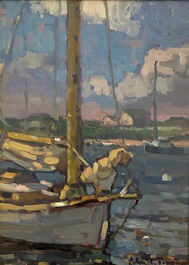 Salmagundi: John Traynor: This Salmagundi work of art is titled, "Sailboat, Watch Hill RI". The prow of a boat dominates the foreground with a bay and ship in the distance. Oil. 12 x 9 (image) 17.5 x 14.5 (framed) John Traynor