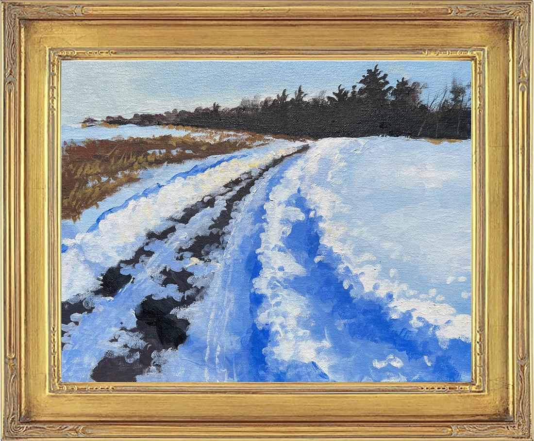 Salmagundi: Robert Mansfield: This Salmagundi work of art is titled, "Accord plowed road". The plowing of snow reveals brilliant cold blues beneath the white surface. Oil. 9 x 12 (image) 10.5 x 13.5 x 1.5 (framed) Robert retired a