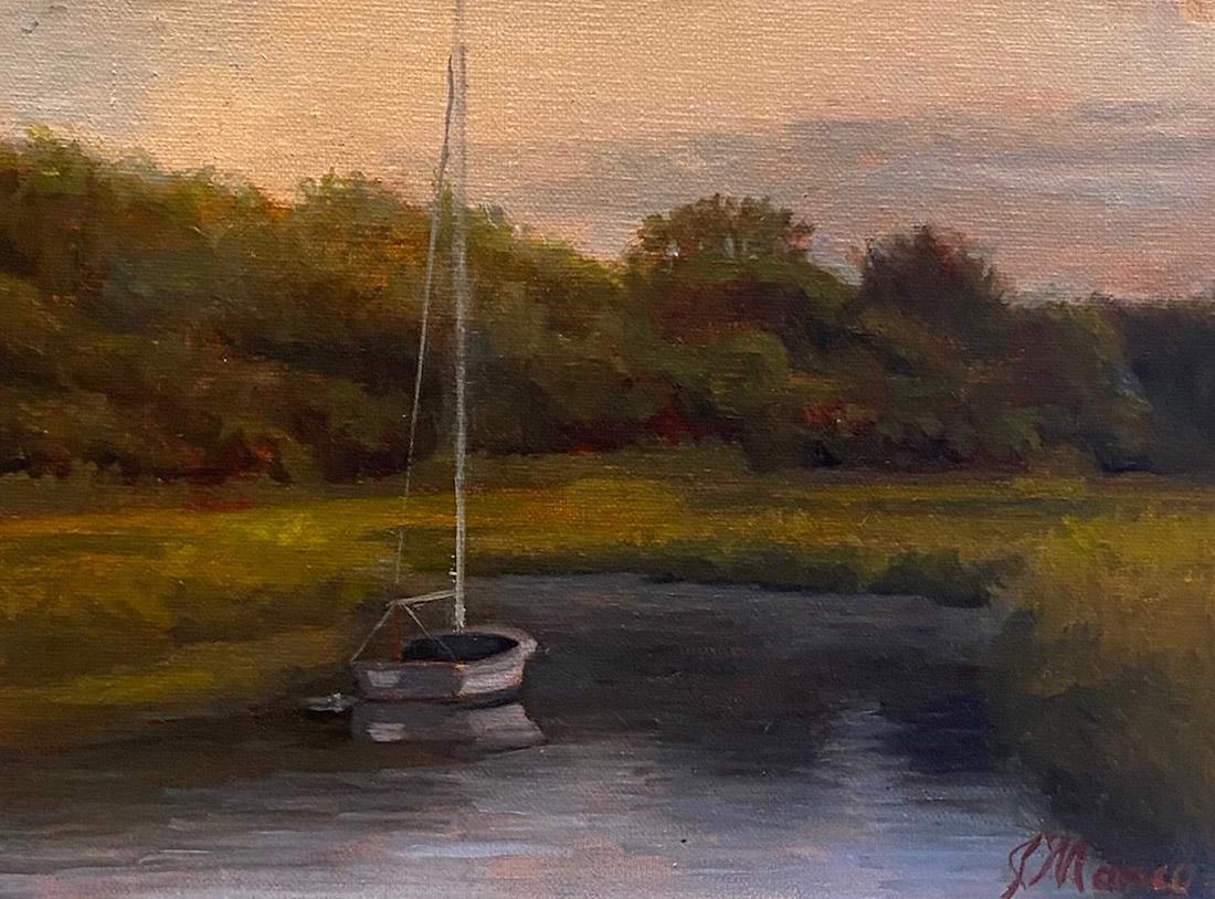 Salmagundi: Jane Manco: This Salmagundi work of art is titled, "Port of sail". Sails lower as the once blue skies of summer begin to fade into the rise of Autumns golden hues. Oil. 6 x 8 (image) 7.5 x 9.5 x 2 (framed) Jane i
