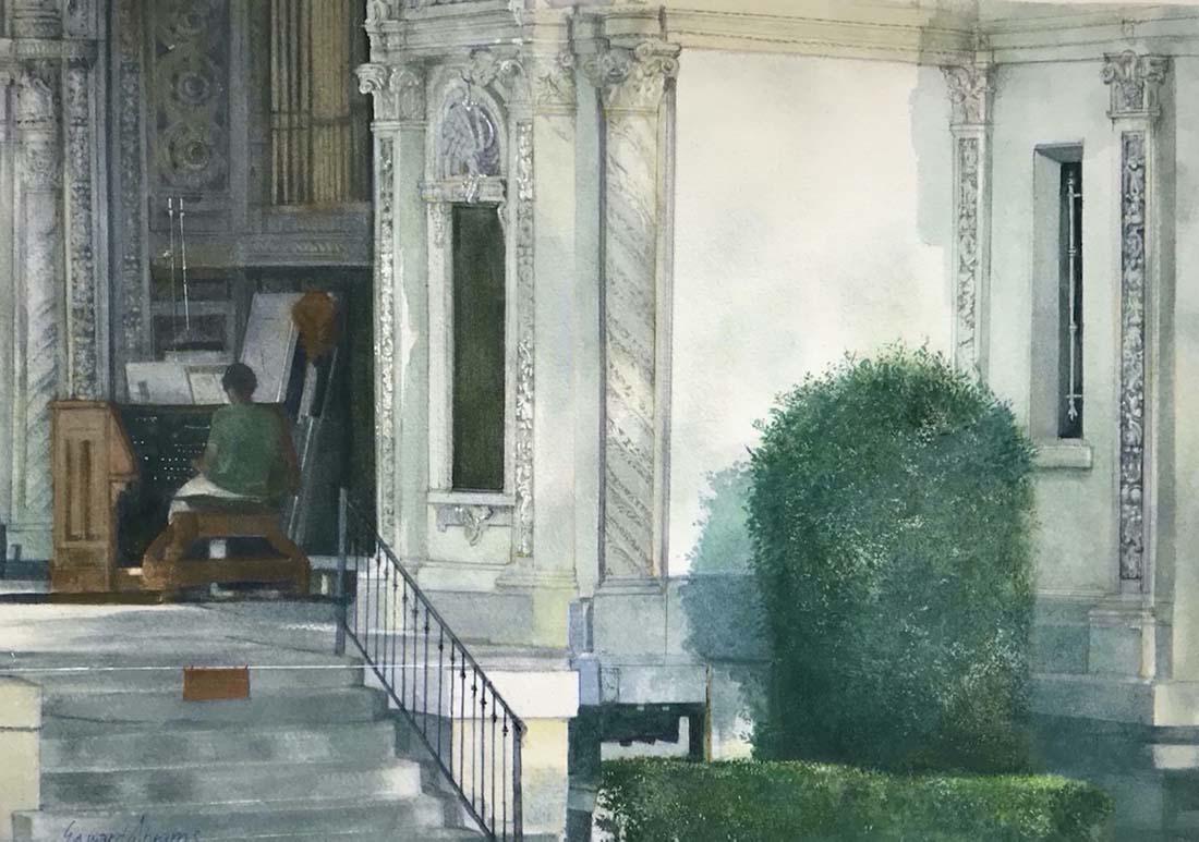 Salmagundi: Edward Abrams: This Salmagundi work of art is titled, "Organ rehearsal". With their back to the outdoors, an organist plays a tune on the steps of a white stone building. Watercolor. 12 x 17 (image) 18 x 24 x 1 (fra