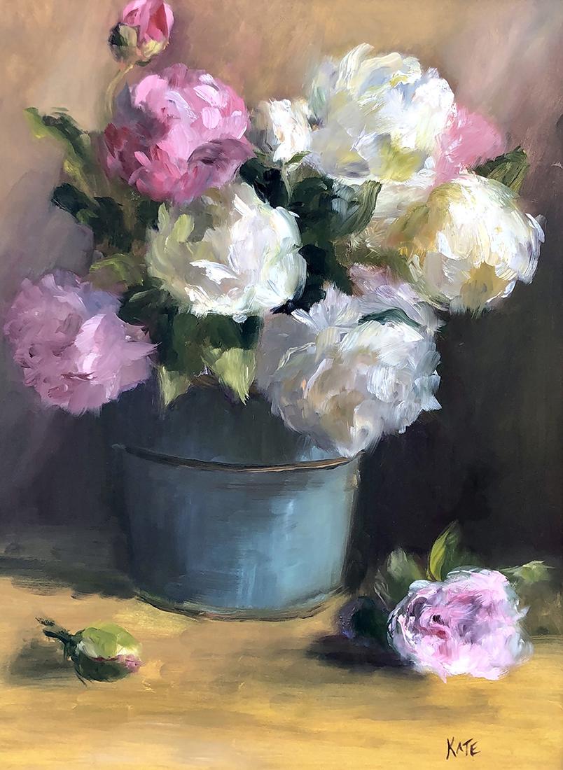 Salmagundi: Kate Faust: This Salmagundi work of art is titled, "Peonies in Summer". The recipient of the Certificate of Merit award at the 10th Annual Sylvia Maria Glesmann Floral Members Exhibition, this painting depicts a 