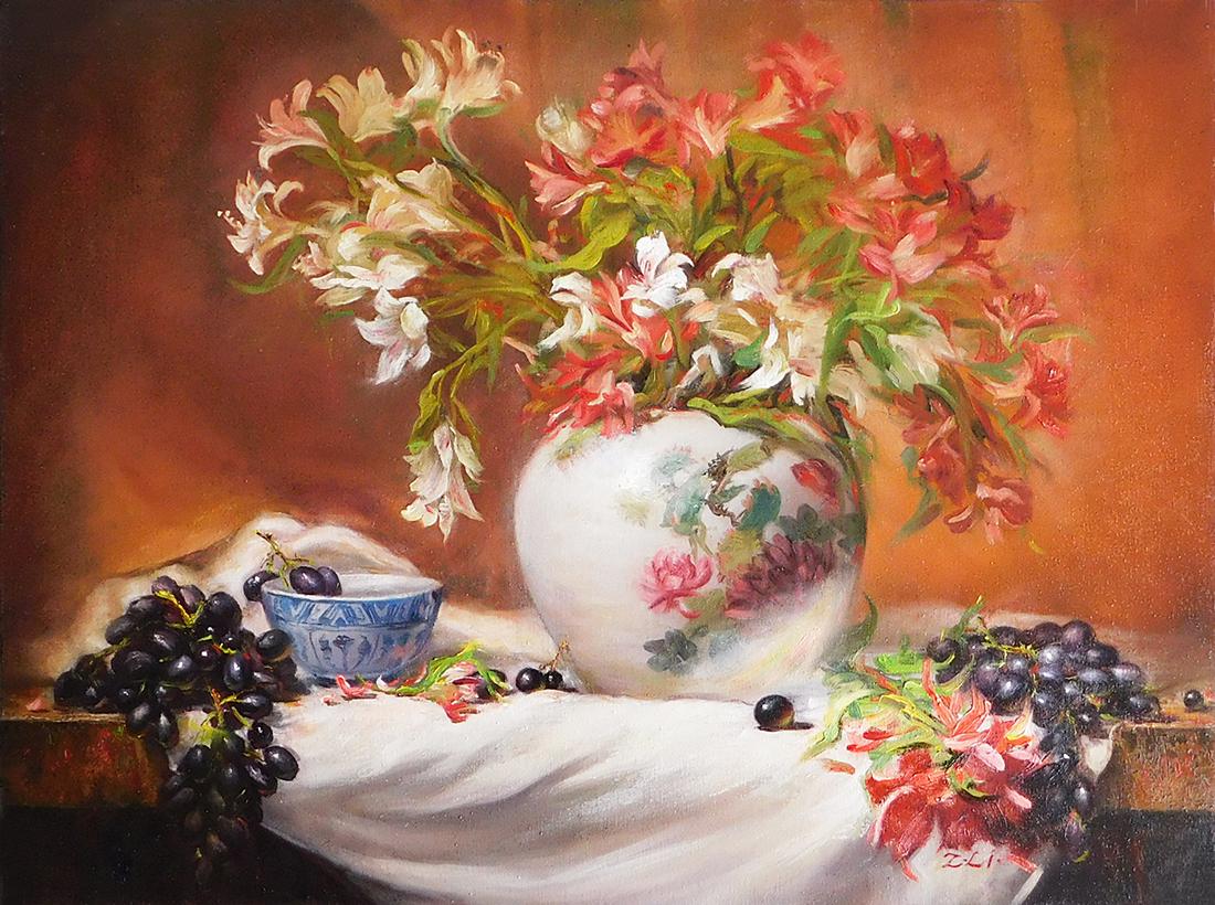 Salmagundi: Zhi Li: This Salmagundi work of art is titled, "Dancing flowers in vase w/ grapes". This radiant still life depicts an assortment of vased red and white flowers surrounded by shiny black grapes. Oil. 18 x 24 