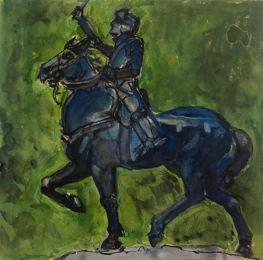 Salmagundi: Annie Shaver Crandell: This Salmagundi work of art is titled, "Joan of Arc by Anna Hyatt Huntington". The work depicts Anna Hyatt Huntington's 1915 bronze equestrian statue of Joan of Arc holding her sword aloft. Watercolor