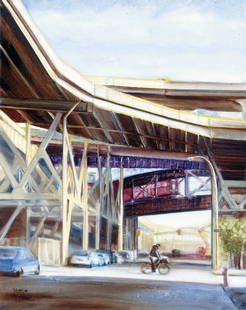 "Over Under" by Karen Loew: Cityscape of underpasses and overpasses by the 59th street bridge. Oil. Image Size: 19.5 x 16 inches. Framed: 25.5 x 21.5 inches. For more information about the artist, please visit www.kloew.com.