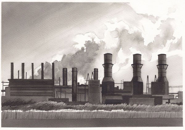 "Industrial Storm" by Annie Patt: Scene from the New Jersey Parkway looking east. India Ink. Image Size: 8 x 11 inches. Framed: 18 x 14.5 inches.For more information about the artist, please visit www.anniepatt.com.