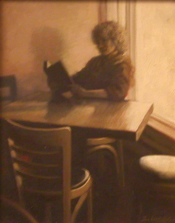"Quiet Corner-Noah's" by Sarah Stifler-Lucas: Woman reading in a restaurant. Oil. Image Size: 10 x 8 inches. Framed: 16.5 x 14.5 inches. For more information about the artist, visit www.sarahstiflerlucas.com.