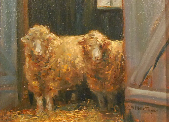 "The Girls," Kim Muller-Thym: A portrait of two sheep. Image: 5.5 x 7.5 inches. Framed: 6 x 8 inches. Oil on panel.