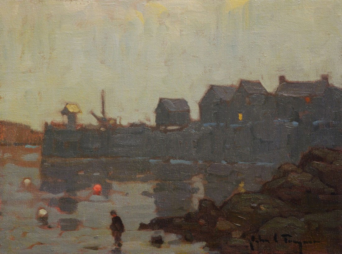 "Misty Harbor," John C. Traynor: Early morning on the Monhegan Island. Image: 9 x 12 inches. Framed: 13.5 x 16.5 inches. Oil.