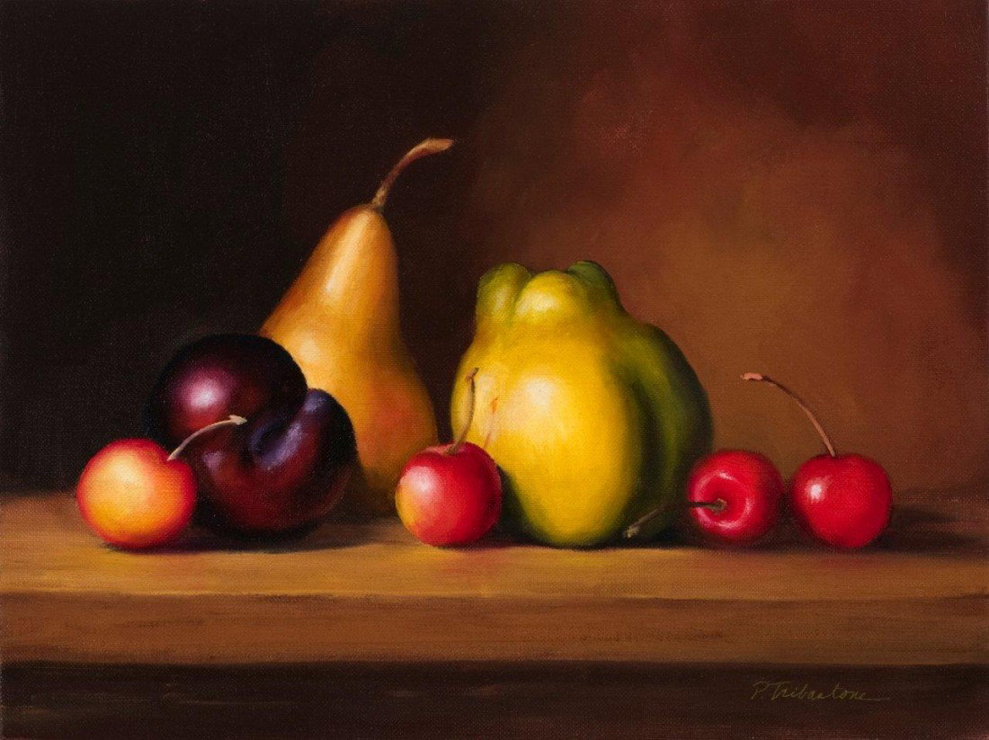 "Pear, Plum, Quince and Cherries": By Patricia Tribastone. A still life of fruit. Image: 9 x 12 inches. Framed: 12 x 15 inches. Oil on canvas board.