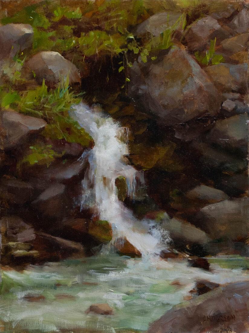 Kathy Anderson- A little waterfall: This Salmagundi work of art is titled, "A little waterfall". Oil. 12 x 9 (image) 18 x 15 (framed) Kathy Anderson is a long time member of Salmagundi, and is included in their permanent collection. She