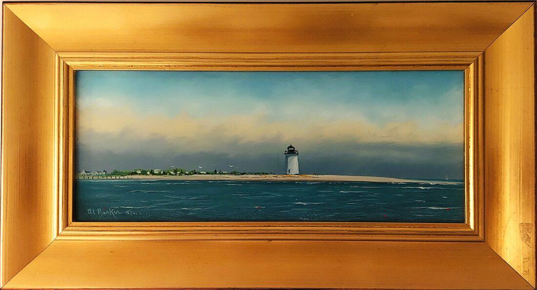 Albert C Barker- Edgartown lighthouse (Martha's Vineyard, Mass): This Salmagundi work of art is titled, "Edgartown lighthouse (Martha's Vineyard, Mass)". Oil. 4.5 x 11 (image) 8 x 14.25 (framed)