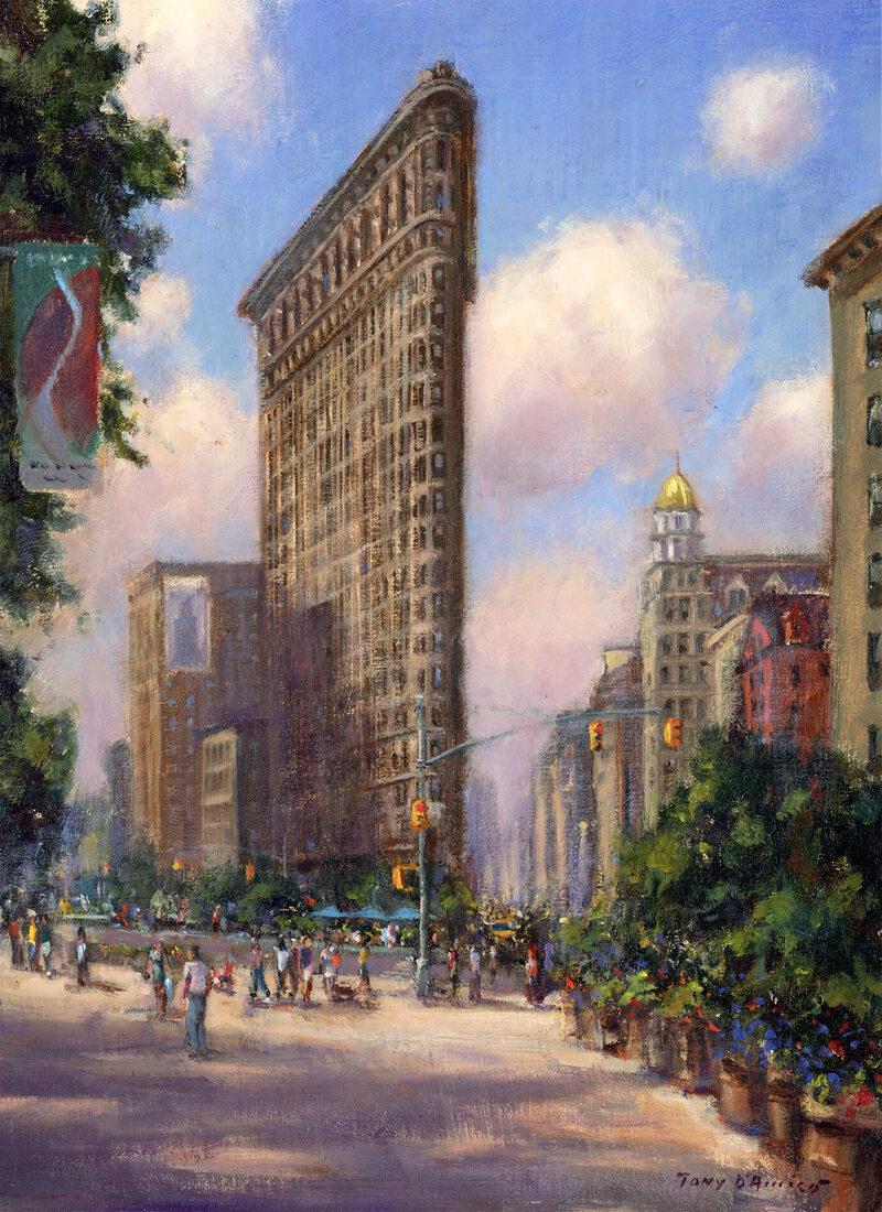 Tony Damico- Saturday morning at Madison Square Park: This Salmagundi work of art is titled, "Saturday morning at Madison Square Park". Oil. 16 x 12 (image) 21.5 x 17.5 (framed) Tony D'Amico is a signature member of both the American Impressionist Societ