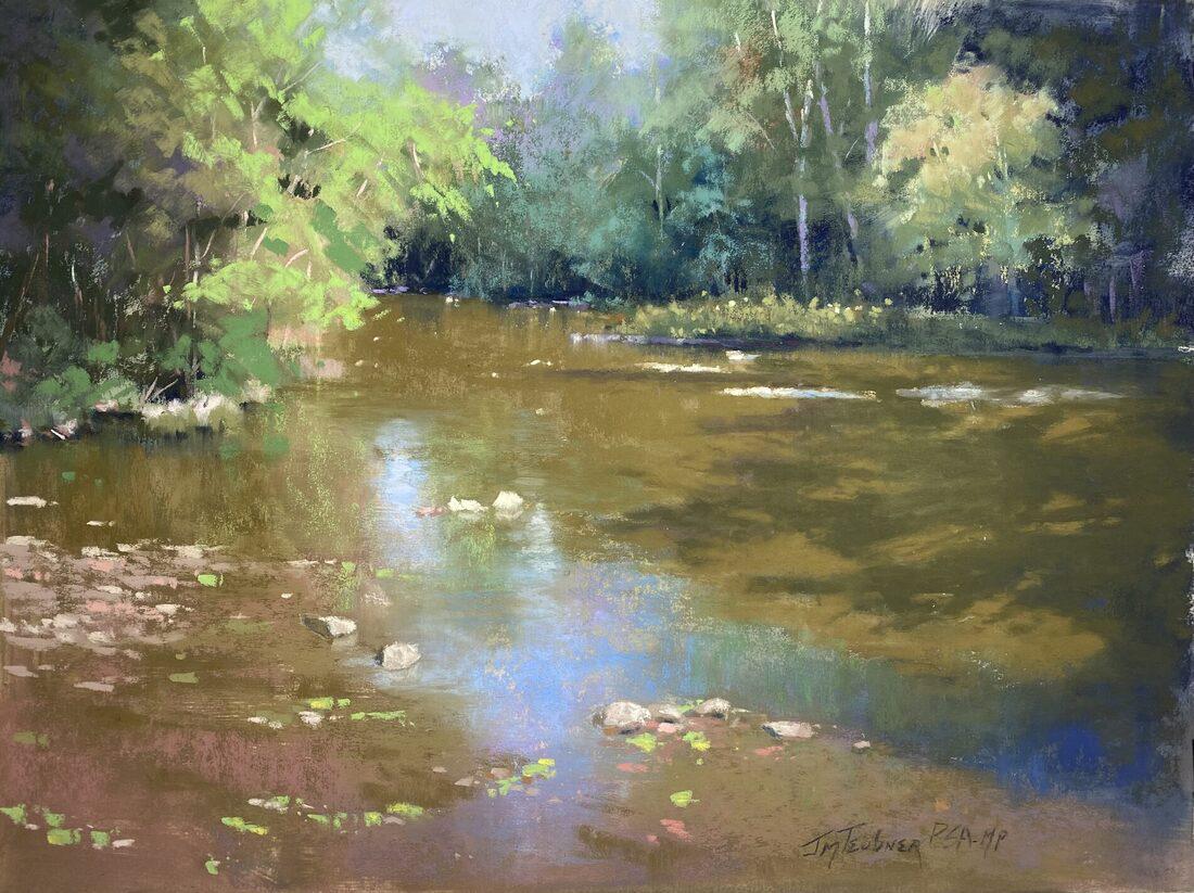Jane McGraw-Teubner- Pond radience: This Salmagundi work of art is titled, "Pond radience". Soft pastel. 12 x 16 (image) 18.5 x 22.5 (framed) Jane is a Signature Member/Master Pastelist, Pastel Society of America and a Master Circle Rec
