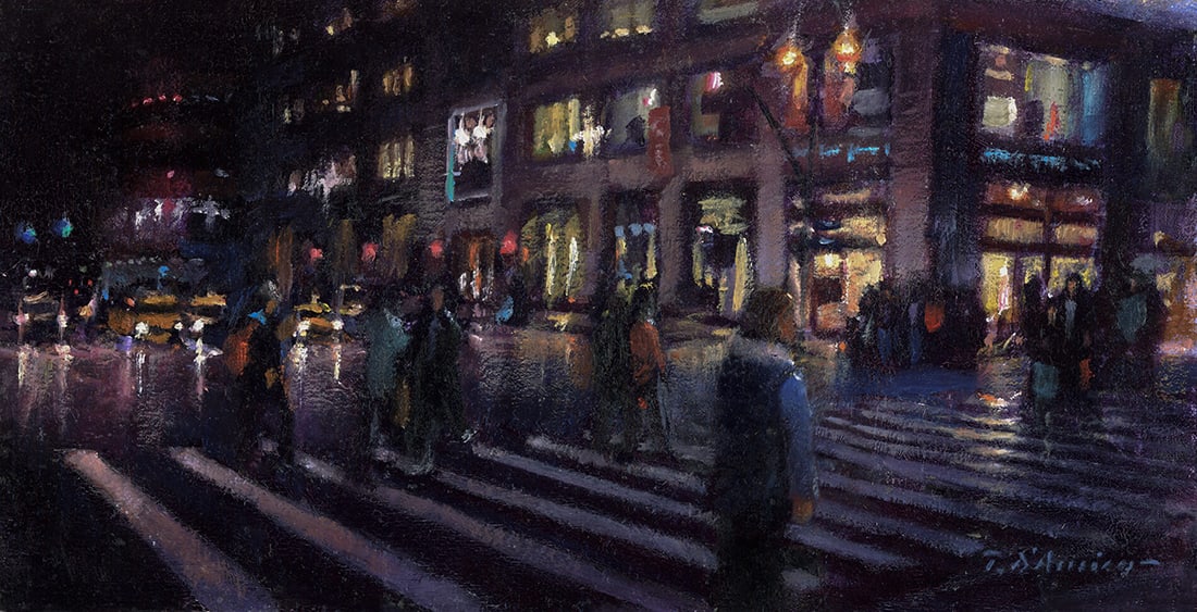 Tony D'Amico : Manhattan nights: This Salmagundi work of art is titled, "Manhattan nights". A painting of people crossing a street at night. Oil. 6 x 12 (size) 10.5 x 16.5 (framed). Tony Dâ€™Amico began his career as a commercia