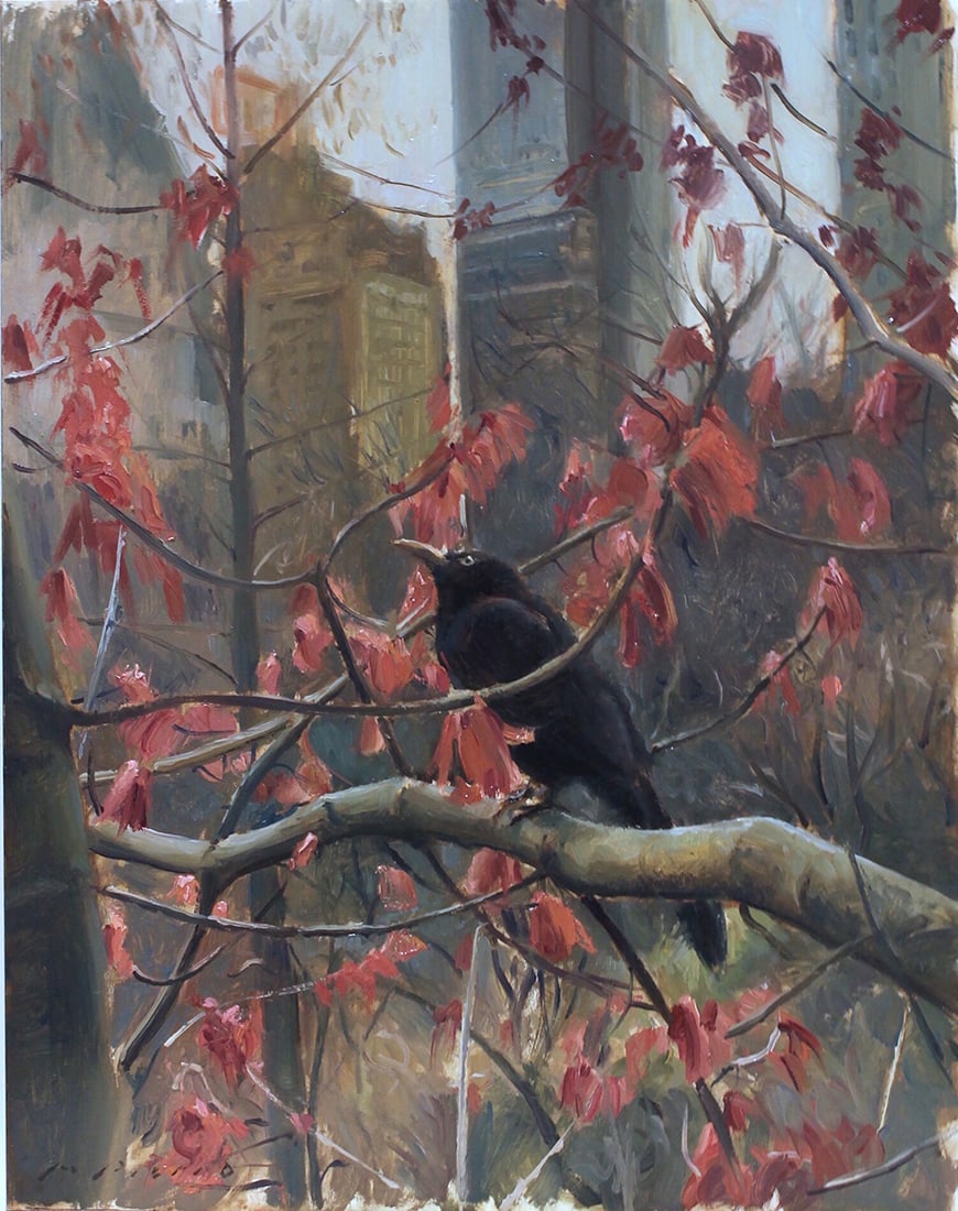 Marcus Pierno : The passing daylight: This Salmagundi work of art is titled, "The passing daylight". A blackbird perches upon the branch of a cherry blossom tree in Central Park on an early Spring day. Oil. 14 x 11 (size) 15.5 x 12.5 (fra
