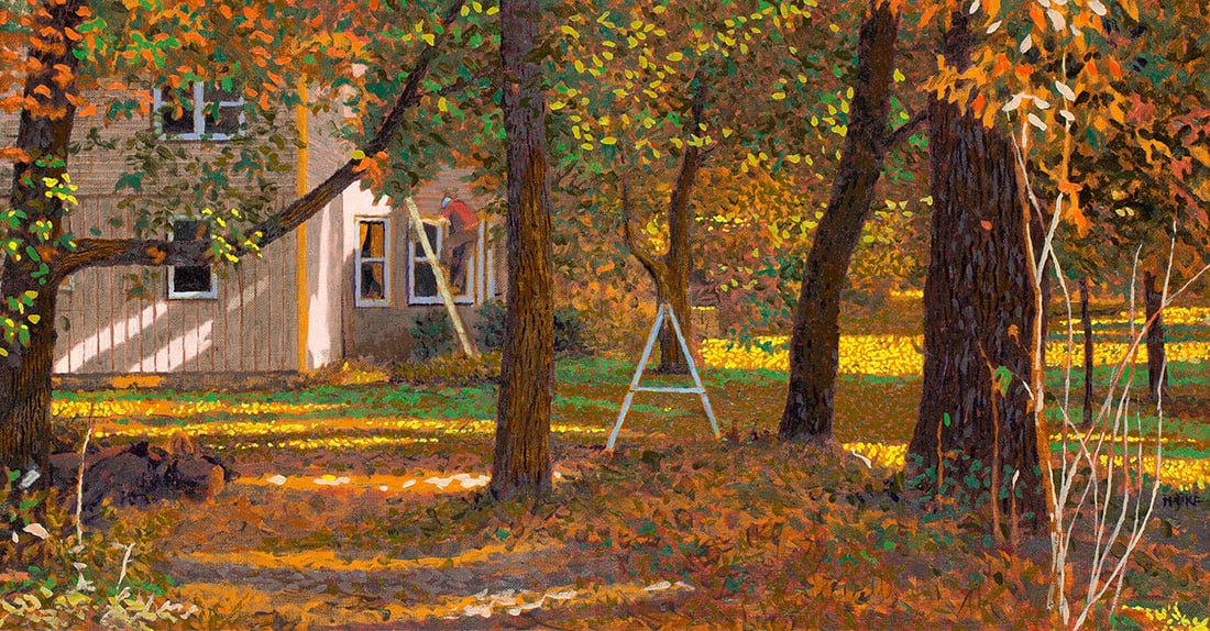 Walter Hatke : Painting: This Salmagundi work of art is titled, "Painting". Last minute touch-up painting of a summer home in autumn. Oil. 9 x 17 (size) 9.5 x 17.5 (framed). Shown professionally since high school. Works in nu