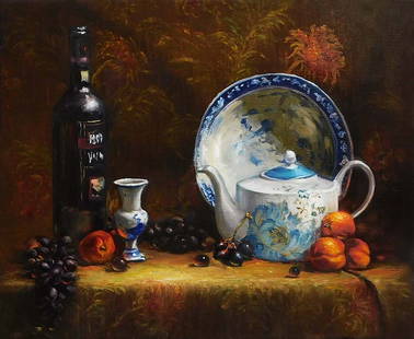 Zhi Li : Teapot, Blue White Bowl with Peach: This Salmagundi work of art is titled, "Teapot, Blue White Bowl with Peach". Oil. 16 x 20 (size) 21 x 24 (framed).