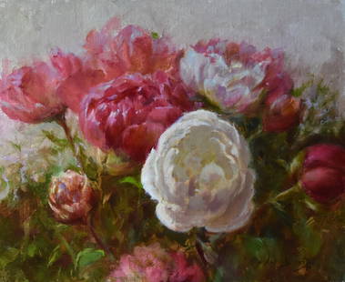 Aida Garrity : White and Red Peonies: This Salmagundi work of art is titled, "White and Red Peonies". Oil. 10 x 12 (size) 13 x 15 (framed).