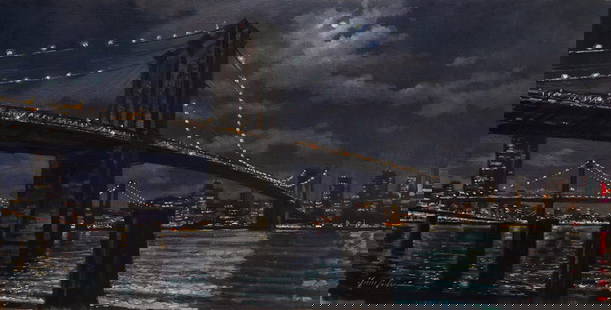 Garin J Baker : Moonrise over Brooklyn: This Salmagundi work of art is titled, "Moonrise over Brooklyn". Oil. 14 x 27 (size) 20 x 34 (framed). Born in 1961 in New York City, Garin Baker was raised on the Upper West Side of Manhattan.