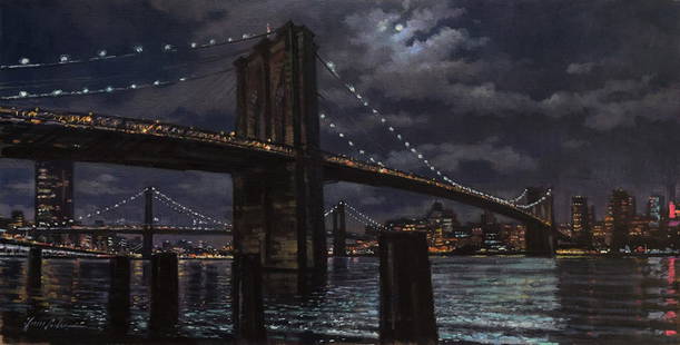 Garin J Baker : Moonrise over Brooklyn: This Salmagundi work of art is titled, "Moonrise over Brooklyn". Oil. 14 x 27 (size) 20 x 34 (framed). Born in 1961 in New York City, Garin Baker was raised on the Upper West Side of Manhattan.