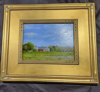 Al Barker : Springtime Farm: This Salmagundi work of art is titled, "Springtime Farm". Oil. 13.5 x 11.5 (framed).