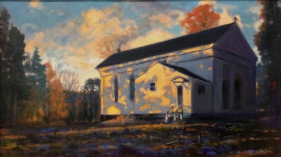 Richard Rosenblatt : The Old Meeting House at East Jewett, NY: This Salmagundi work of art is titled, "The Old Meeting House at East Jewett, NY". Oil. 14 x 26 (size) 20 x 32 (framed). Richard has been a SC resident artist Since 2010. His works are in many