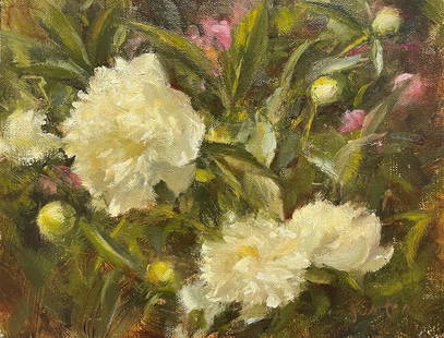 Susan Jositas : Peonies in the Garden: This Salmagundi work of art is titled, "Peonies in the Garden". Oil. 7 x 9 (size) 10 x 12 (framed).