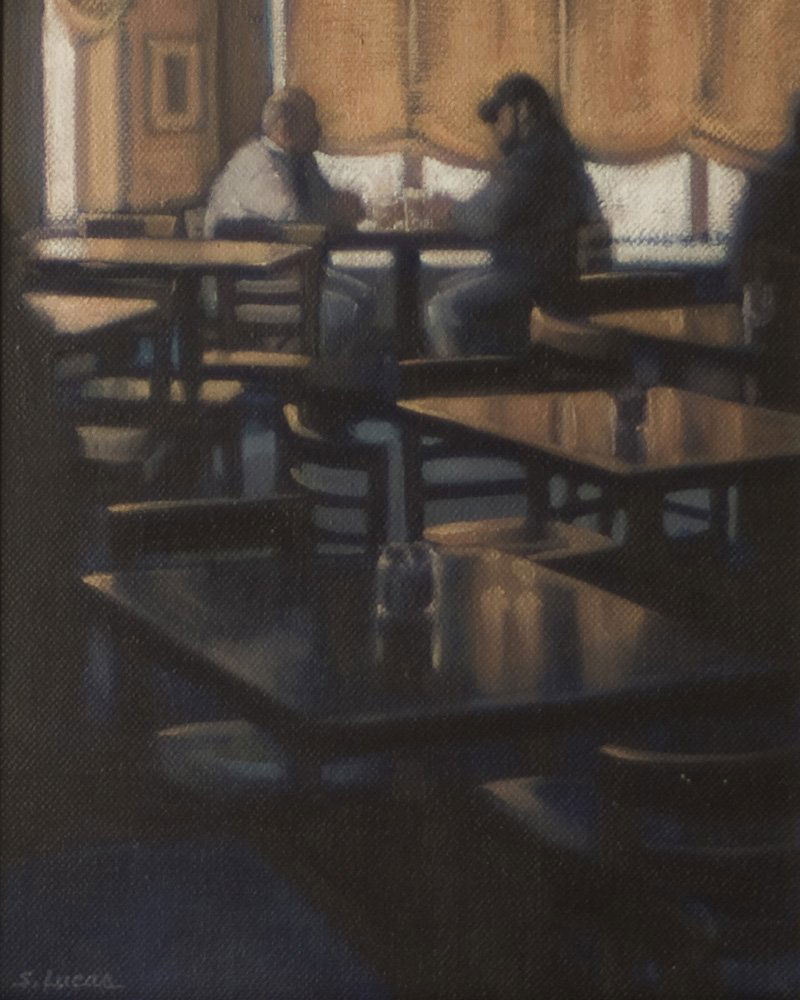 "Business Lunch", Sarah Stifler-Lucas: Charles Dana Gibson SCNY Award, Fall Auction Exhibition 2012. Sitting at a restaurant. Oil. Image size: 10 x 8. Framed: 16.5 x 14.5