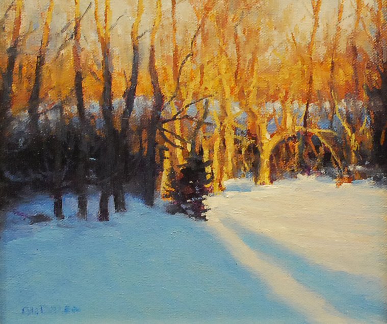 "Winter Light", Michael Budden: A beautiful late Afternoon. Oil. Image size: 7 x 8. Framed: 10.5 x 11.5