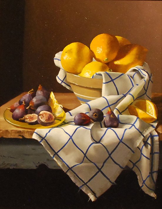 "Meyer Lemons & Fresh Figs", Claudia Seymour: Still life of figs. Oil on Board. Image size: 14 x 11. Framed: 20 x 16.5