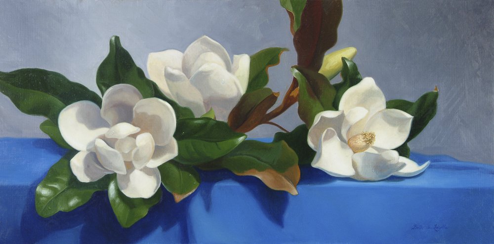 "Magnolias", Beth de Loiselle: Stylized Magnolias. Oil on Panel. Image size: 12 x 24. Framed: 17 x 29