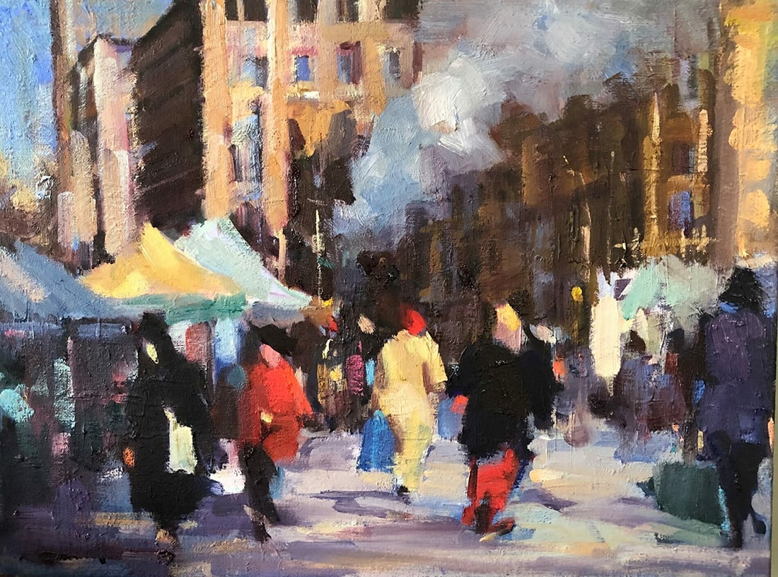 Lily Braff : Bustling Free Market in NYC: This Salmagundi work of art is titled, "Bustling Free Market in NYC". Oil. 12 x 16 (size) 15.5 x 19.5 (framed). Lily Braff is an established artist, with artworks having been accepted by OPA, AIS , NO