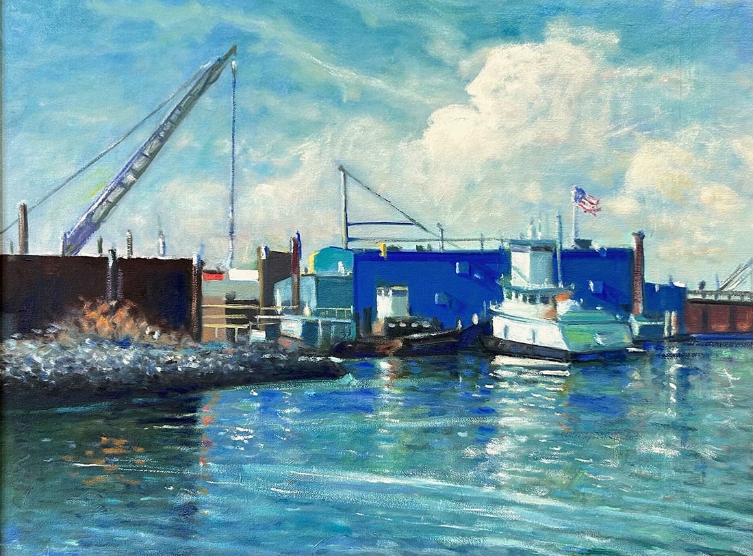 Richard Rosenblatt : Clear day on the Waterfront: This Salmagundi work of art is titled, "Clear day on the Waterfront". Oil. 18 x 24 (size) 24 x 30 (framed). Richard Rosenblatt is a Brooklyn-based New York native, whose father, David, was a noted WWI