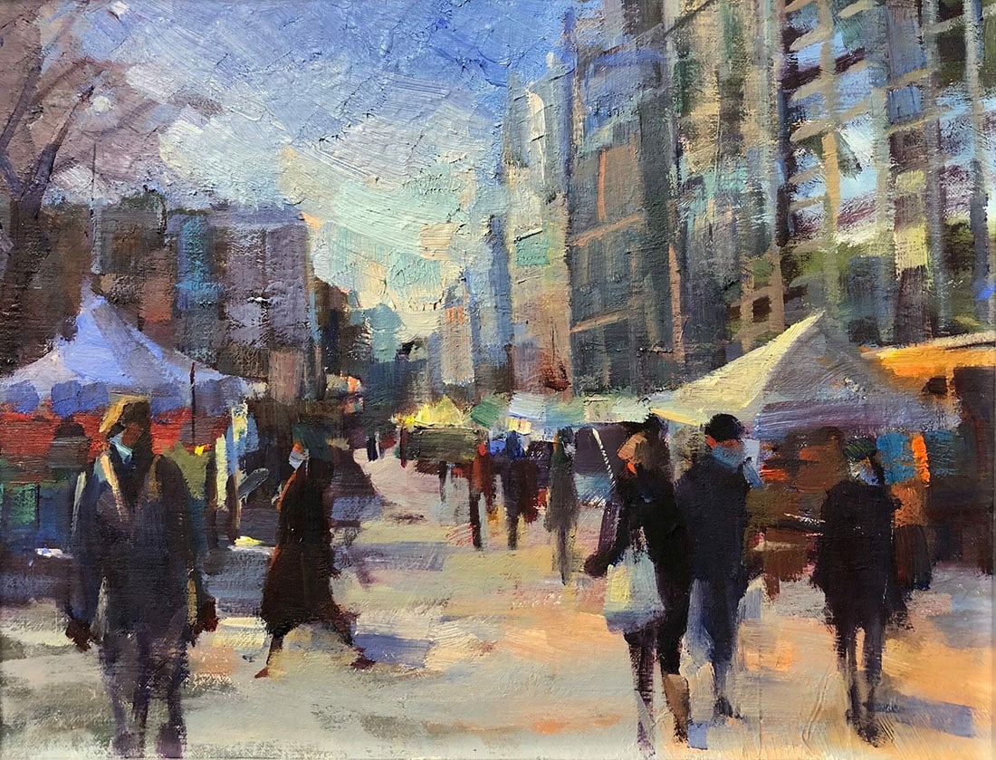 Lily Braff : Union Square Free Market, NYC: This Salmagundi work of art is titled, "Union Square Free Market, NYC". Oil. 11 x 14 (size) 14.5 x 17.5 (framed). Lily Braff is an established artist, with artworks having been accepted by OPA, AIS , 