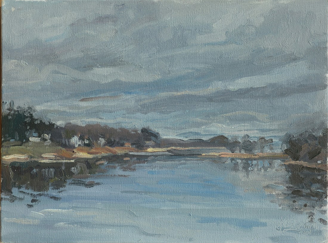 Kirk Larsen : Serene quiet by the water: This Salmagundi work of art is titled, "Serene quiet by the water". Oil. 9 x 12 (size) 12 x 15 (framed). Kirk is an awesome artist, paining plein air and as well as maritime subjects. His passion for 