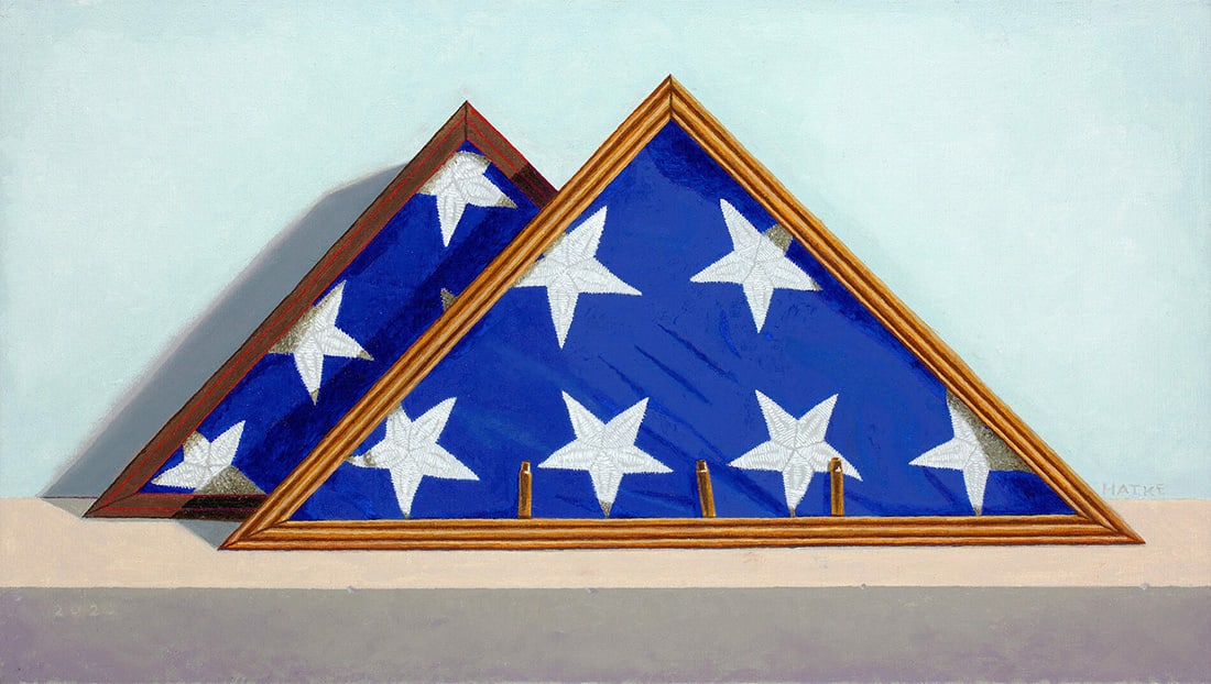 Walter Hatke : Service: This Salmagundi work of art is titled, "Service". Oil. 17 x 30 (size) 17.5 x 30.5 (framed). The painting depicts two framed US flags from Marine Corps funeral services honoring the artist's parents. W