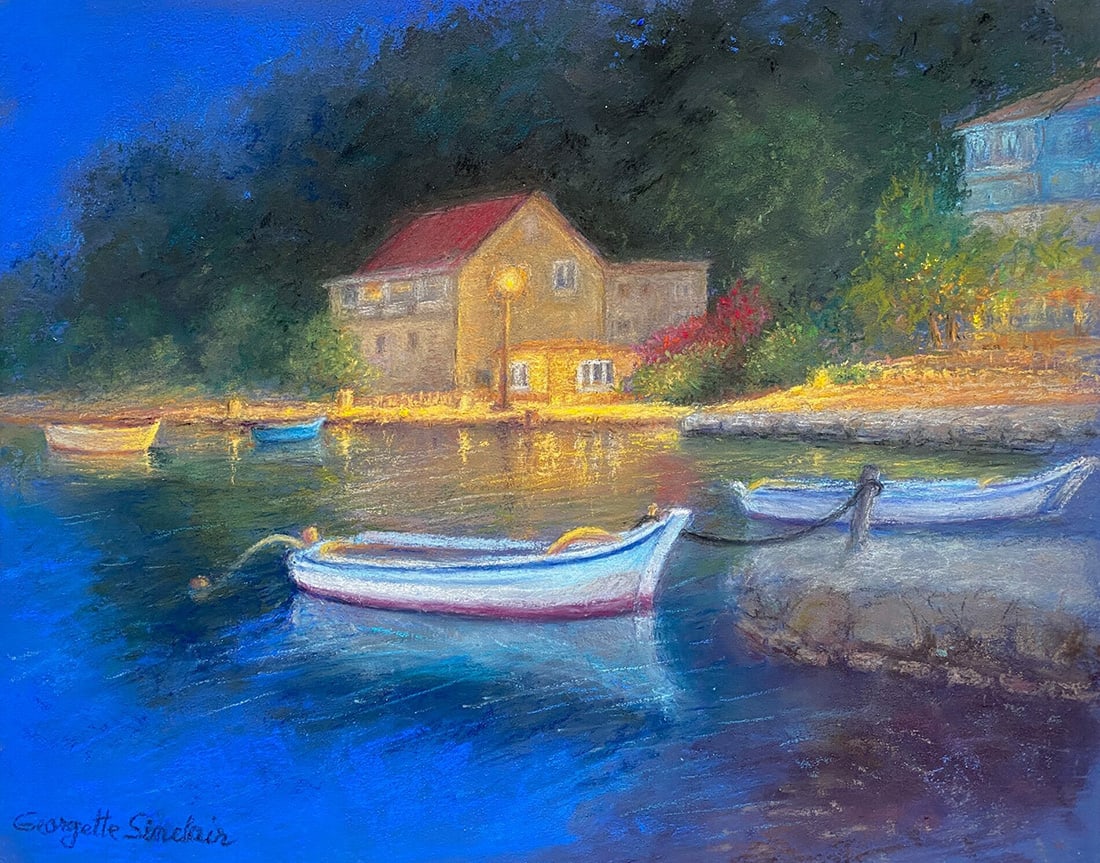 Georgette Sinclair : Nocturne, Mljet Croatia: This Salmagundi work of art is titled, "Nocturne, Mljet Croatia". Soft Pastel. 9 x 12 (size) 14 x 18 (framed). Georgette Sinclair is an award-winning artist and has been a member of the Salmagundi Clu