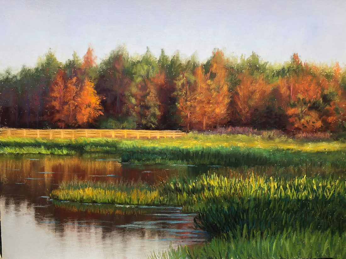 Deborah LaFogg Docherty : Autumn Marsh: This Salmagundi work of art is titled, "Autumn Marsh". Soft Pastel. 12 x 9 (size) 16 x 13 (framed). Deborah LaFogg-Docherty is an artist that works in oils and pastels sharing her experiences with wil